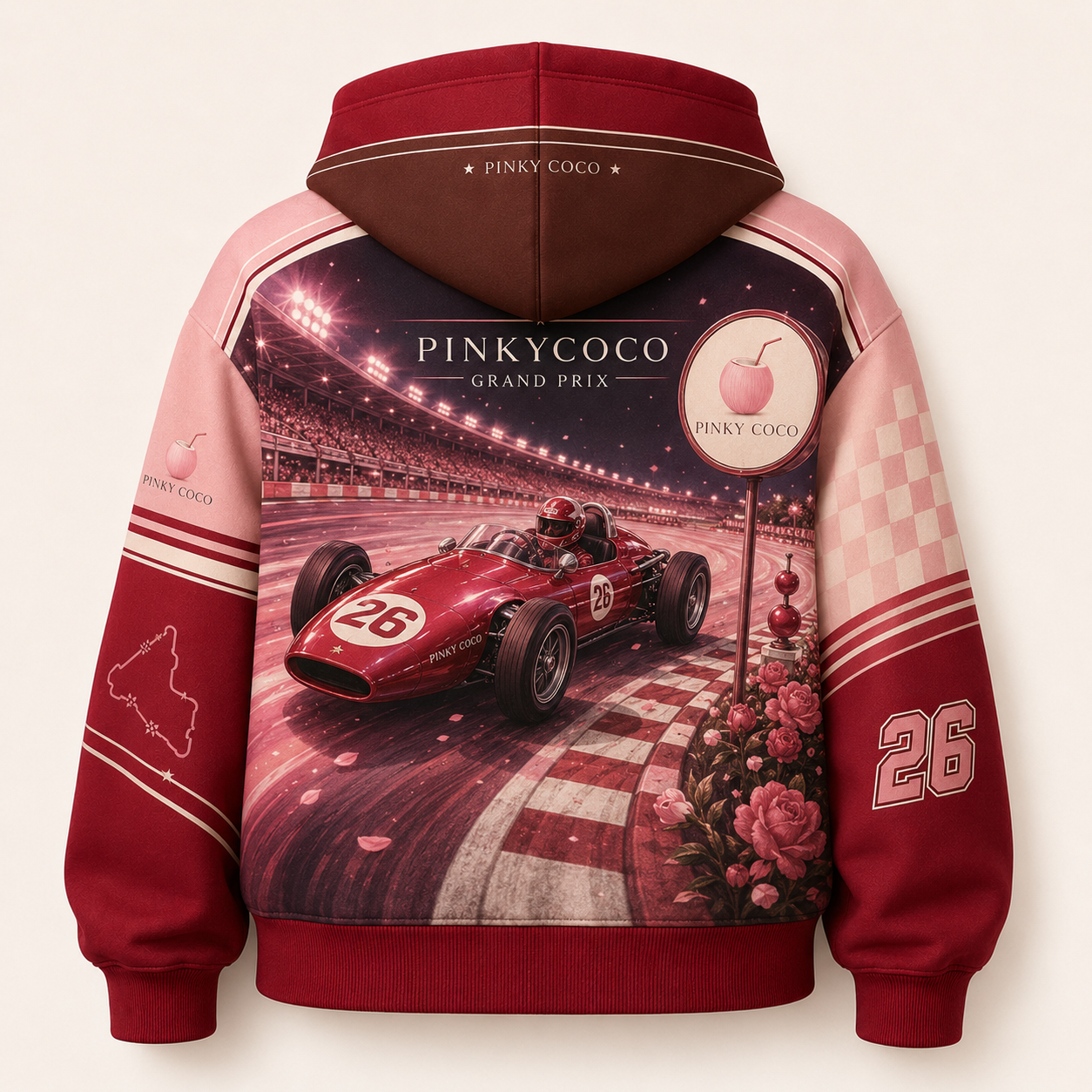 Front view of the PinkyCoco Cherry Grand Prix women's racing hoodie