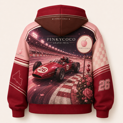 Front view of the PinkyCoco Cherry Grand Prix women's racing hoodie