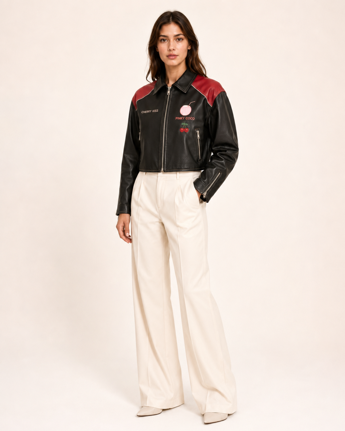 PinkyCoco Cherry Kiss Cropped Women's Leather Fashion Jacket, front view