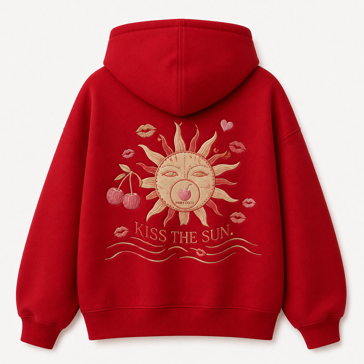 Front view of the PinkyCoco Cherry Kiss Sunset women's hoodie
