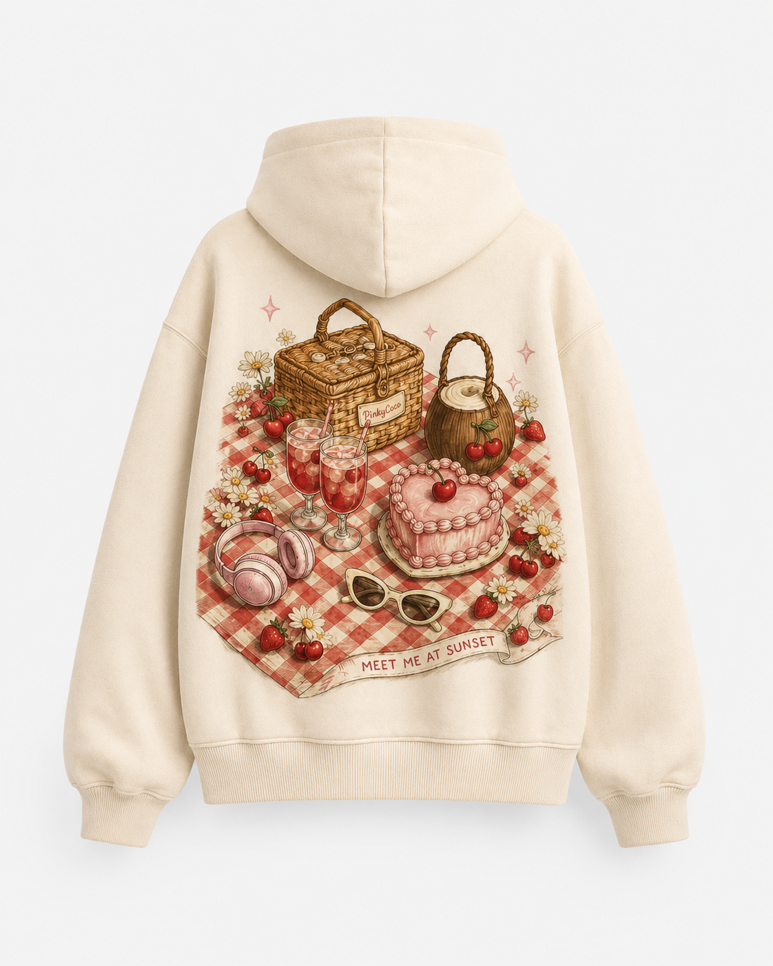 Front view of the PinkyCoco Cherry Picnic women's hoodie