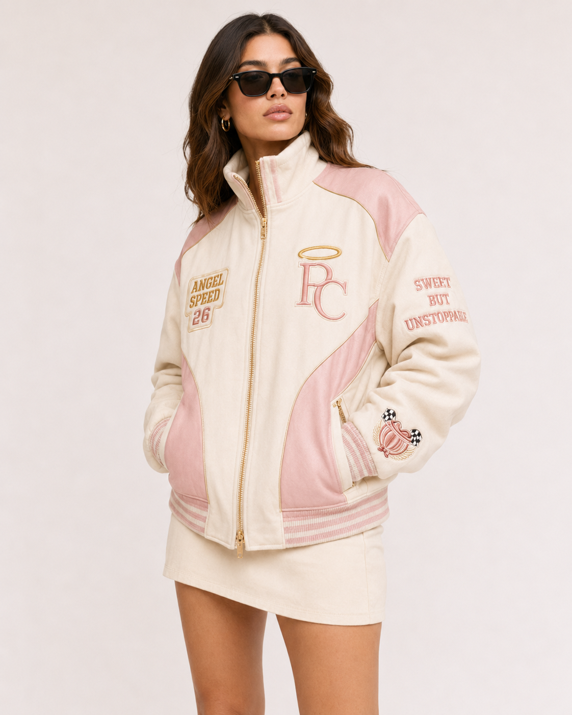 Front view of the PinkyCoco Coco Angel Speed women's satin racing jacket