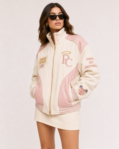 Front view of the PinkyCoco Coco Angel Speed women's satin racing jacket