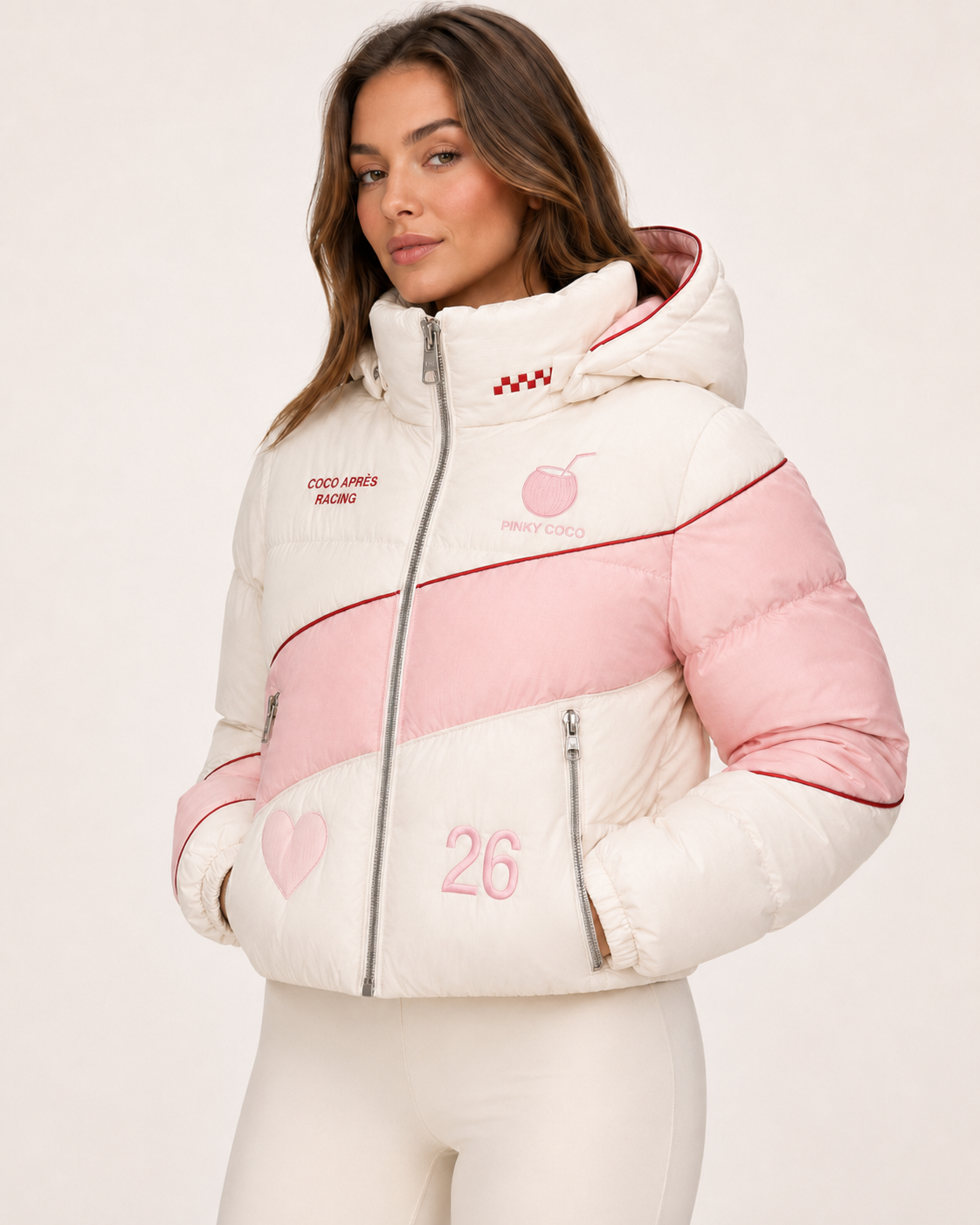 Front view of the PinkyCoco Coco Apres Ski women's racing jacket