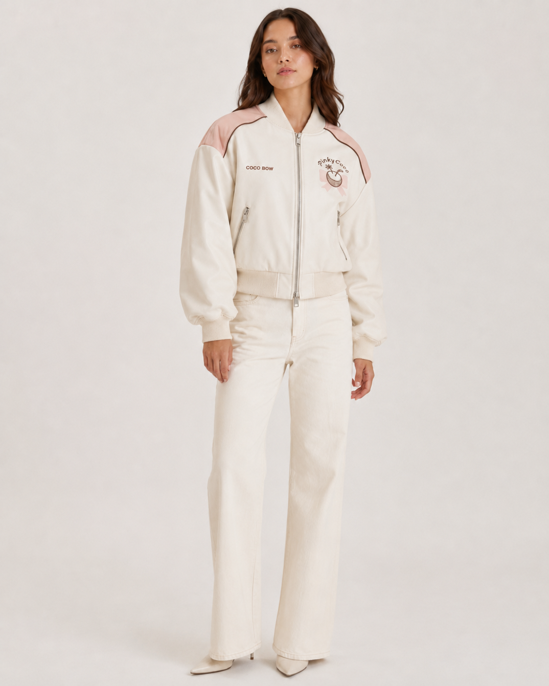 PinkyCoco Coco Bow Ivory Women's Satin Bomber Jacket, front view