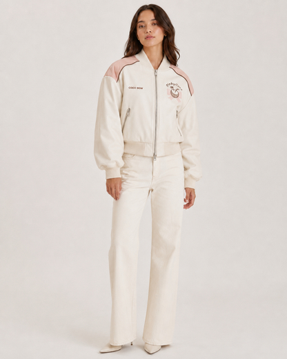 PinkyCoco Coco Bow Ivory Women's Satin Bomber Jacket, front view