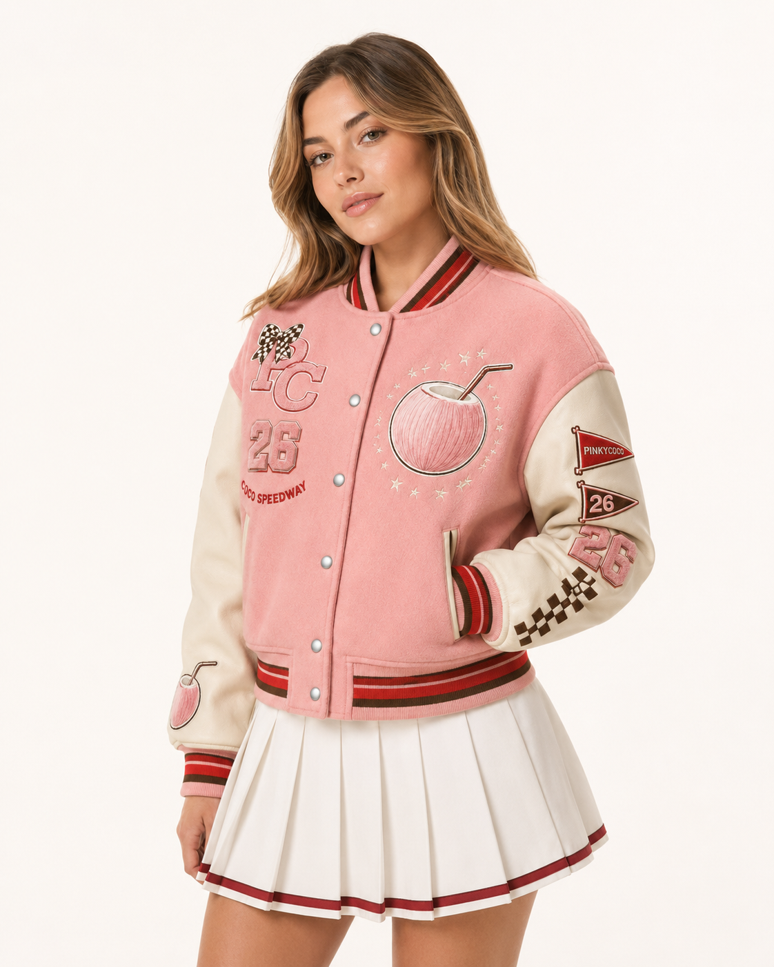 Front view of the PinkyCoco Coco Campus Speedway women's racing jacket