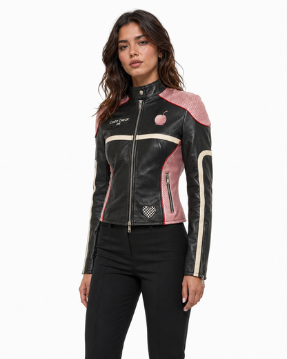 PinkyCoco Coco Check Perforated women's racing jacket, front view