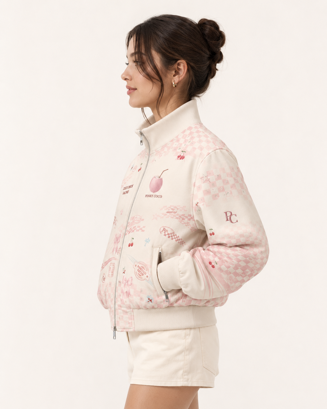 PinkyCoco Coco Check women's racing jacket, front view