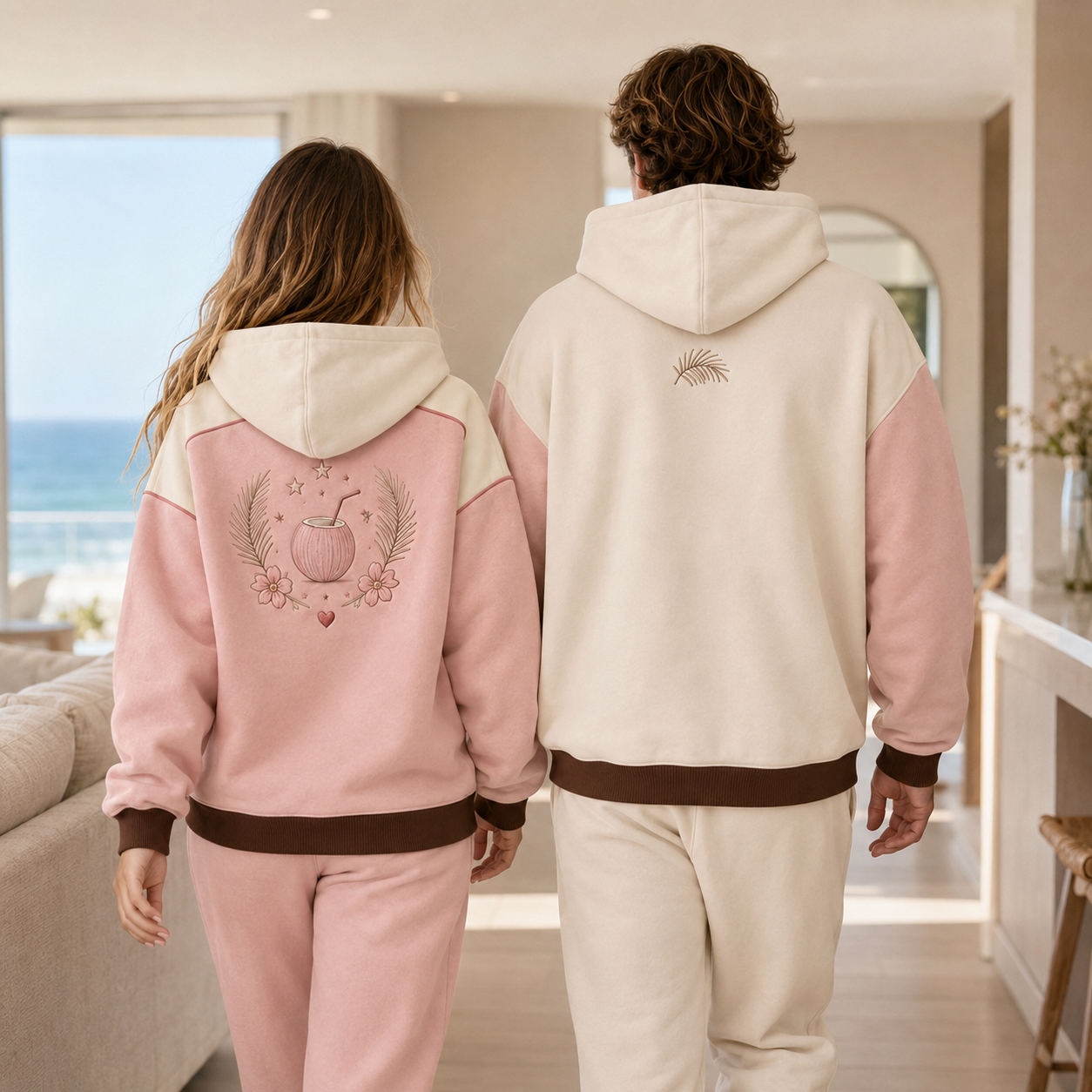 Back view of models wearing both PinkyCoco Coco Duo fleece color options