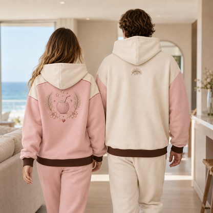 Back view of models wearing both PinkyCoco Coco Duo fleece color options