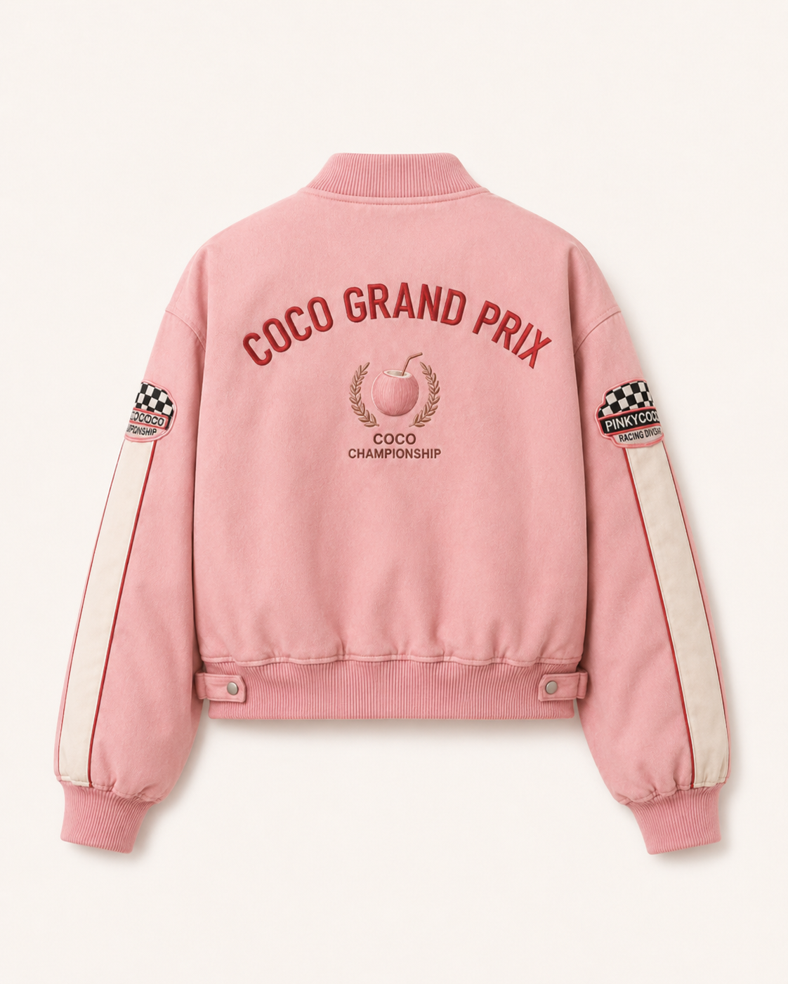 Front view of the PinkyCoco Coco Grand Prix women's satin racing jacket
