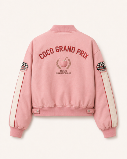 Front view of the PinkyCoco Coco Grand Prix women's satin racing jacket