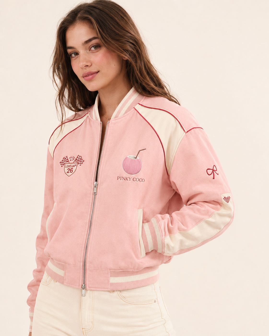 Front view of the PinkyCoco Coco Love Lap Reversible women's satin racing jacket