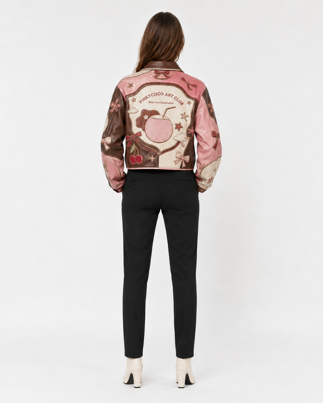 PinkyCoco Coco Patchwork Art Women's Leather Fashion Jacket, front view