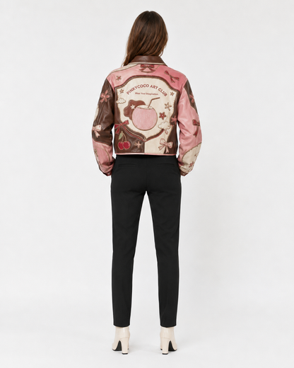 PinkyCoco Coco Patchwork Art Women's Leather Fashion Jacket, front view