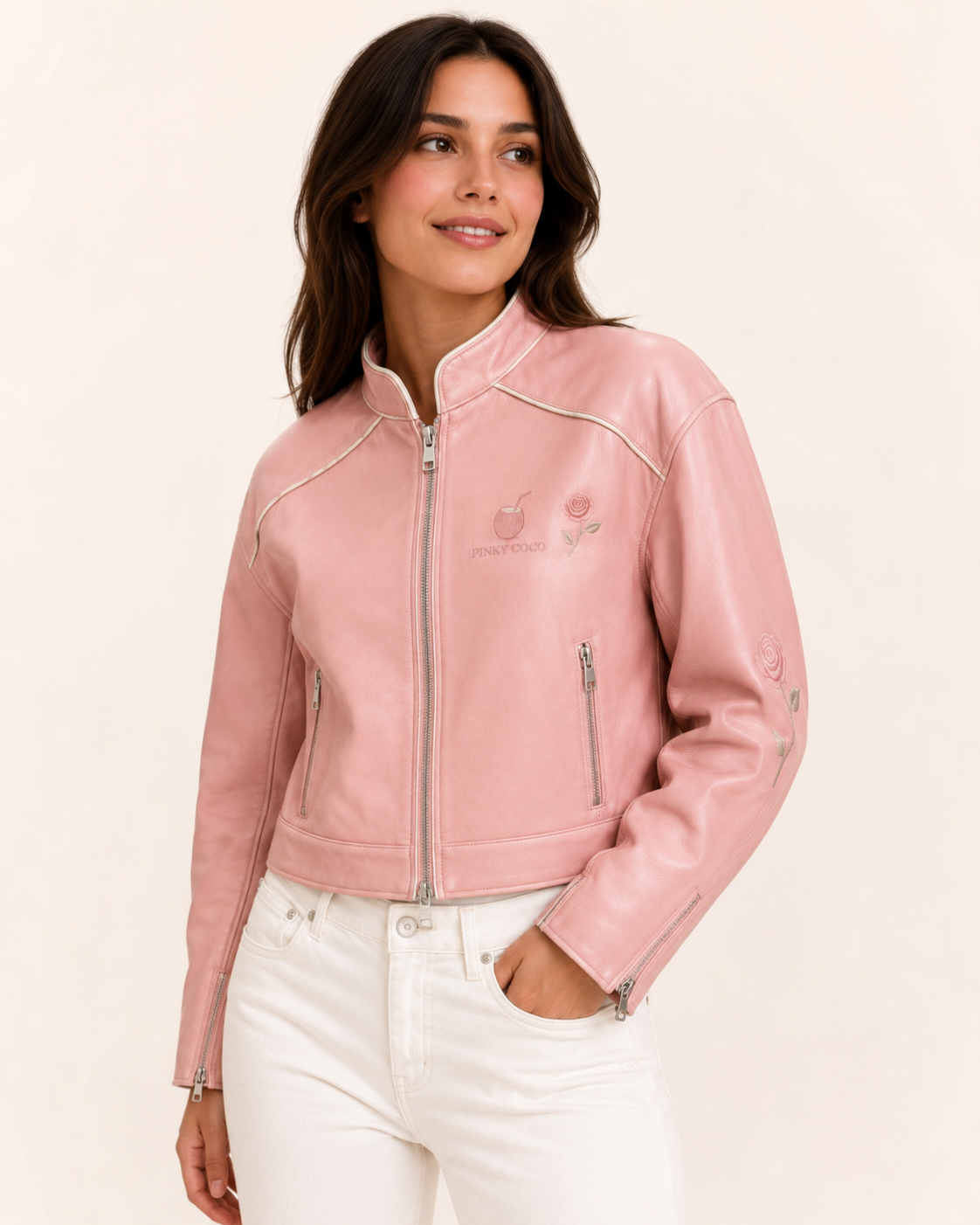 PinkyCoco Coco Rosette Women's Leather Fashion Jacket, front view