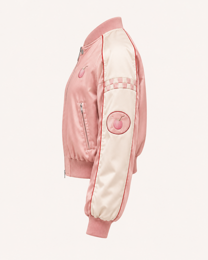Front view of the PinkyCoco Coco Speedway women's satin racing jacket