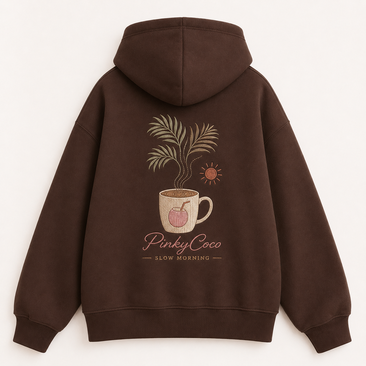 Front view of the PinkyCoco Cocoa Coffee Palm women's hoodie