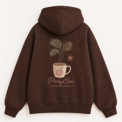 Front view of the PinkyCoco Cocoa Coffee Palm women's hoodie