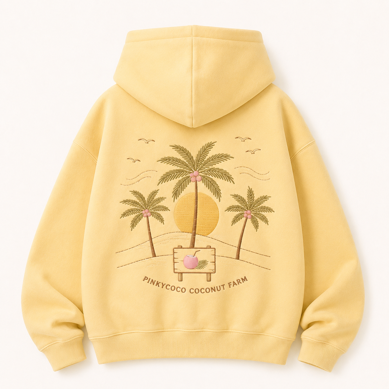 Front view of the PinkyCoco Coconut Farm Morning women's hoodie