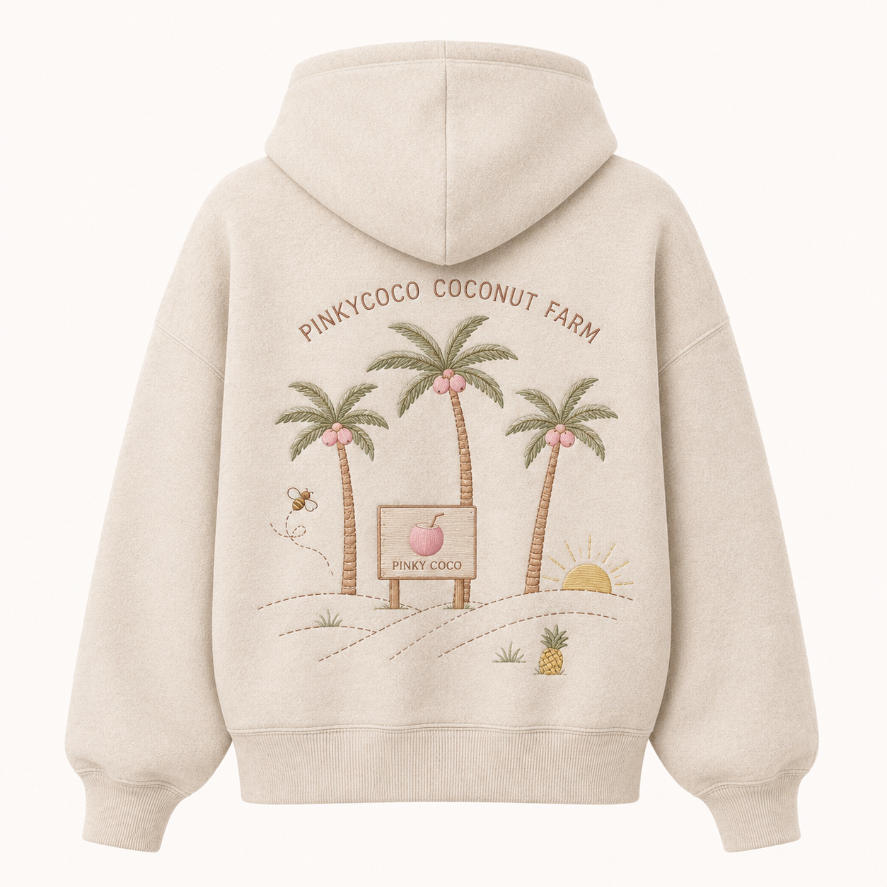 Front view of the PinkyCoco Coconut Harvest Morning women's hoodie