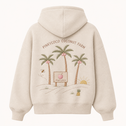 Front view of the PinkyCoco Coconut Harvest Morning women's hoodie