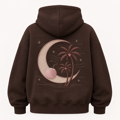 Front view of the PinkyCoco Coconut Moon women's hoodie