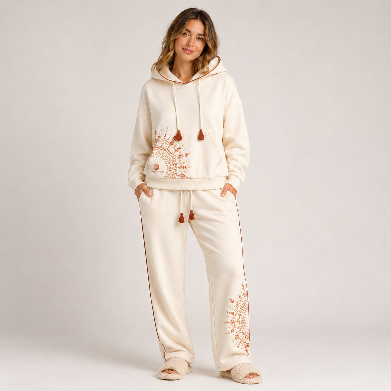 Front view of the PinkyCoco Cream Sun Mandala women's fleece hoodie and sweatpants set