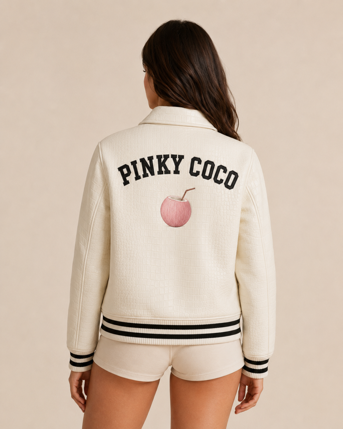 PinkyCoco Croc White Women's Leather Fashion Jacket, front view
