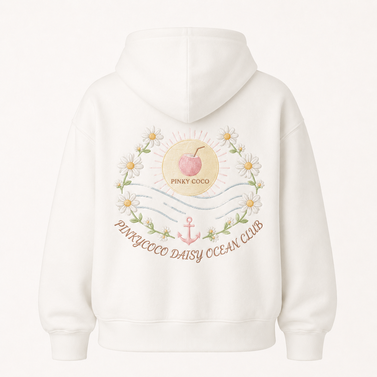 Front view of the PinkyCoco Daisy Ocean Club women's hoodie