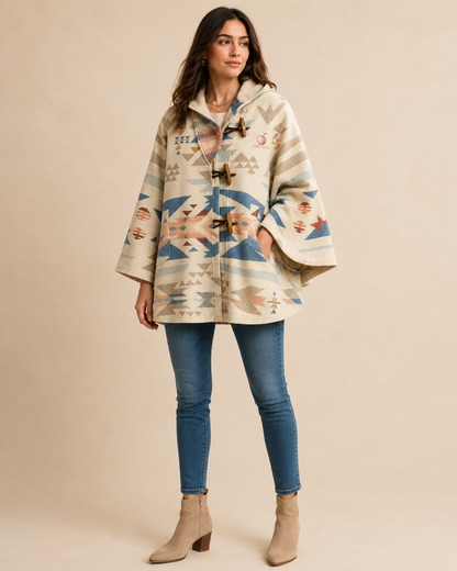 Front product view of the PinkyCoco Desert Bloom Geo women's wool blend artistic hooded cape