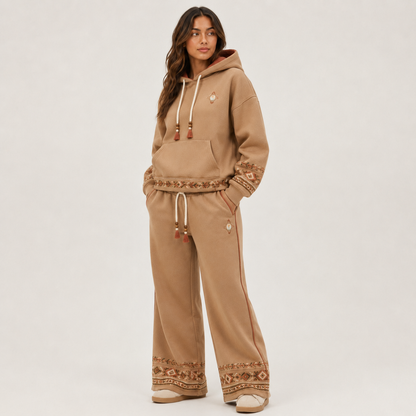 Front view of the PinkyCoco Desert Coco Nomad women's fleece hoodie and sweatpants set