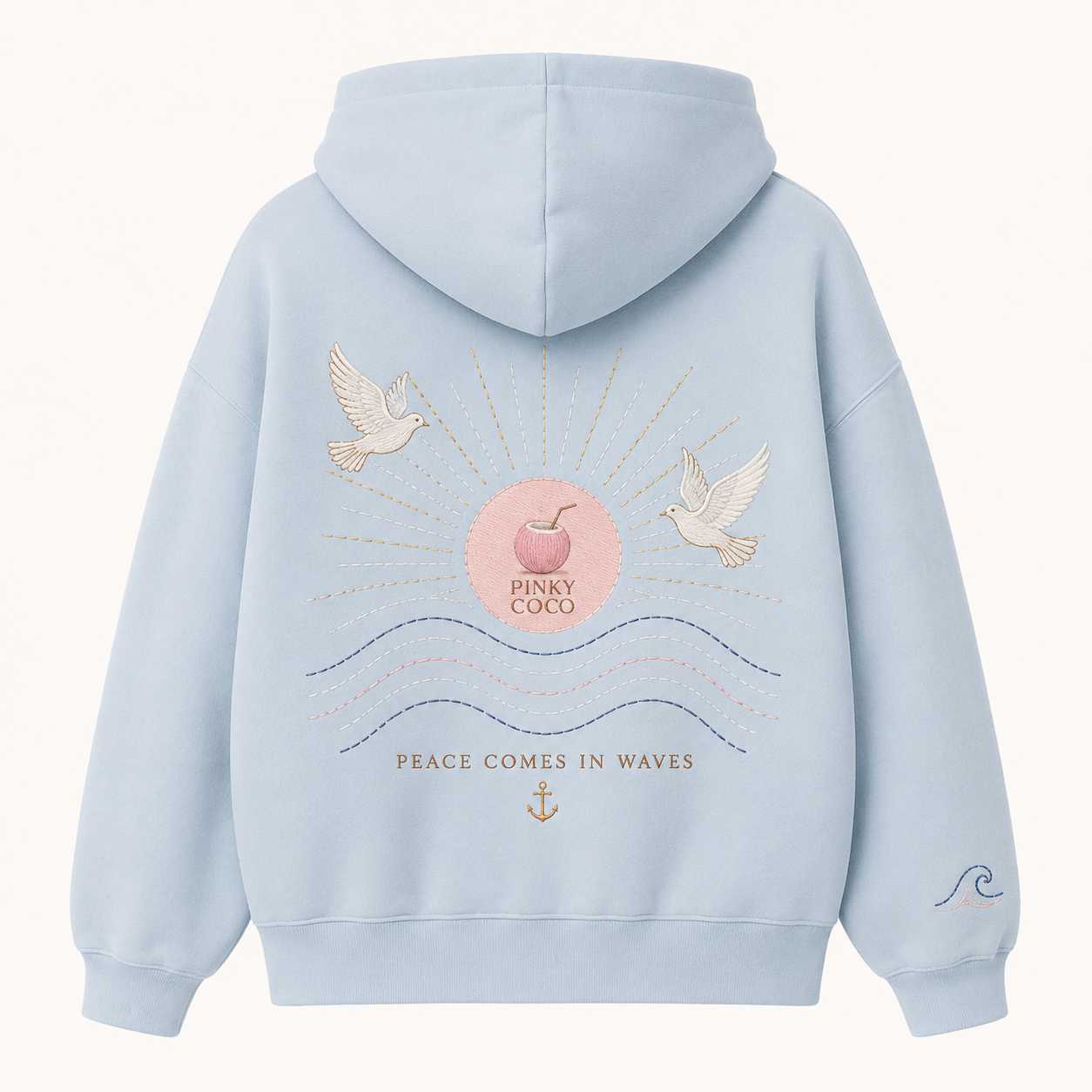 Front view of the PinkyCoco Dove Over Powder Tide women's hoodie
