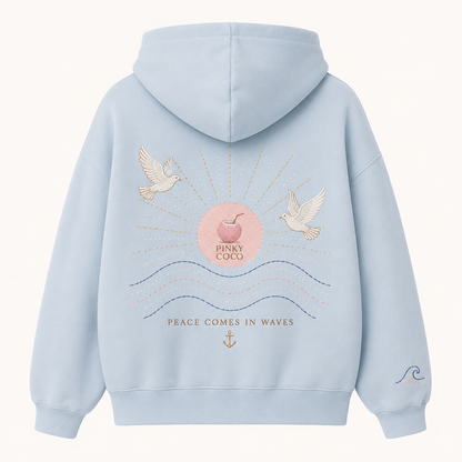 Front view of the PinkyCoco Dove Over Powder Tide women's hoodie
