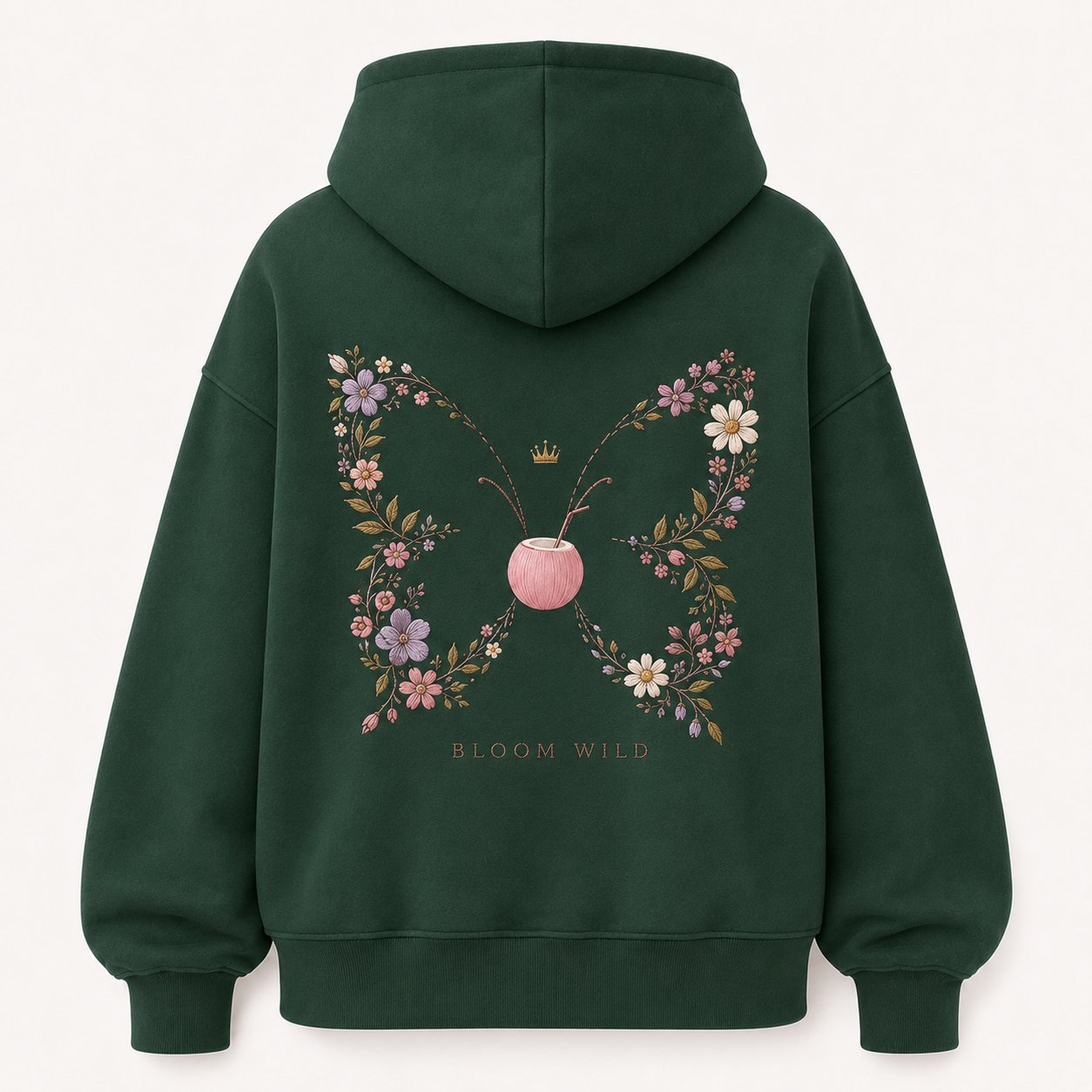 Front view of the PinkyCoco Emerald Wildflower Butterfly women's hoodie