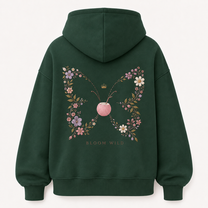 Front view of the PinkyCoco Emerald Wildflower Butterfly women's hoodie