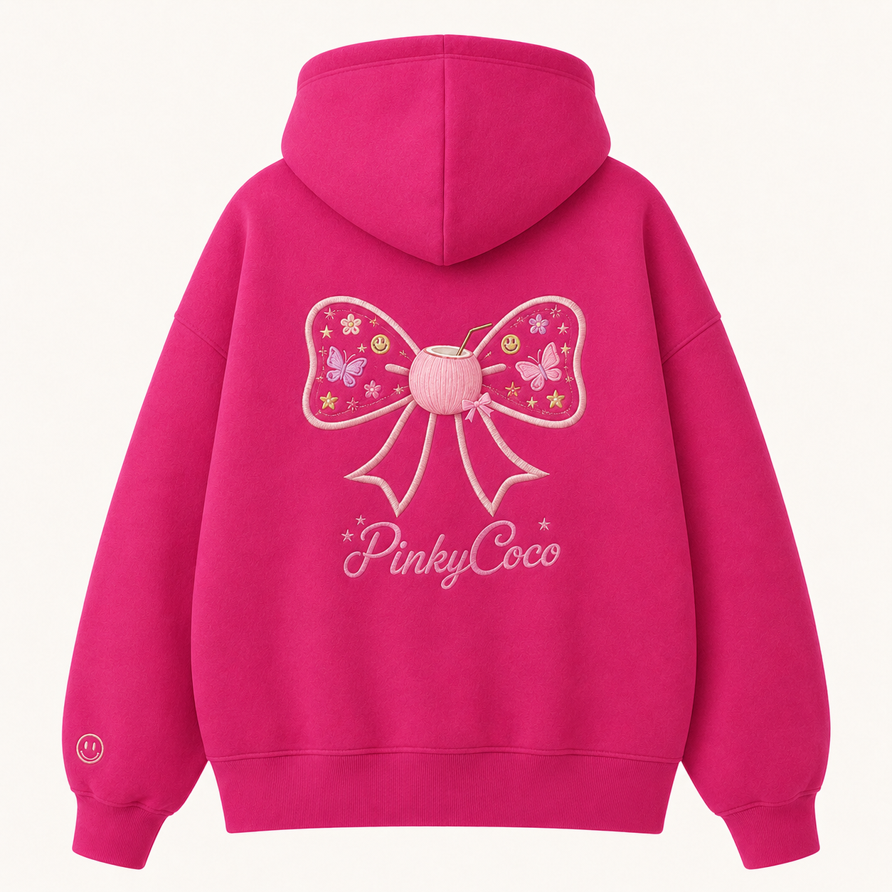 Front view of the PinkyCoco Magenta Bow Pop Garden women's hoodie