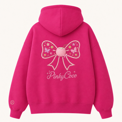Front view of the PinkyCoco Magenta Bow Pop Garden women's hoodie