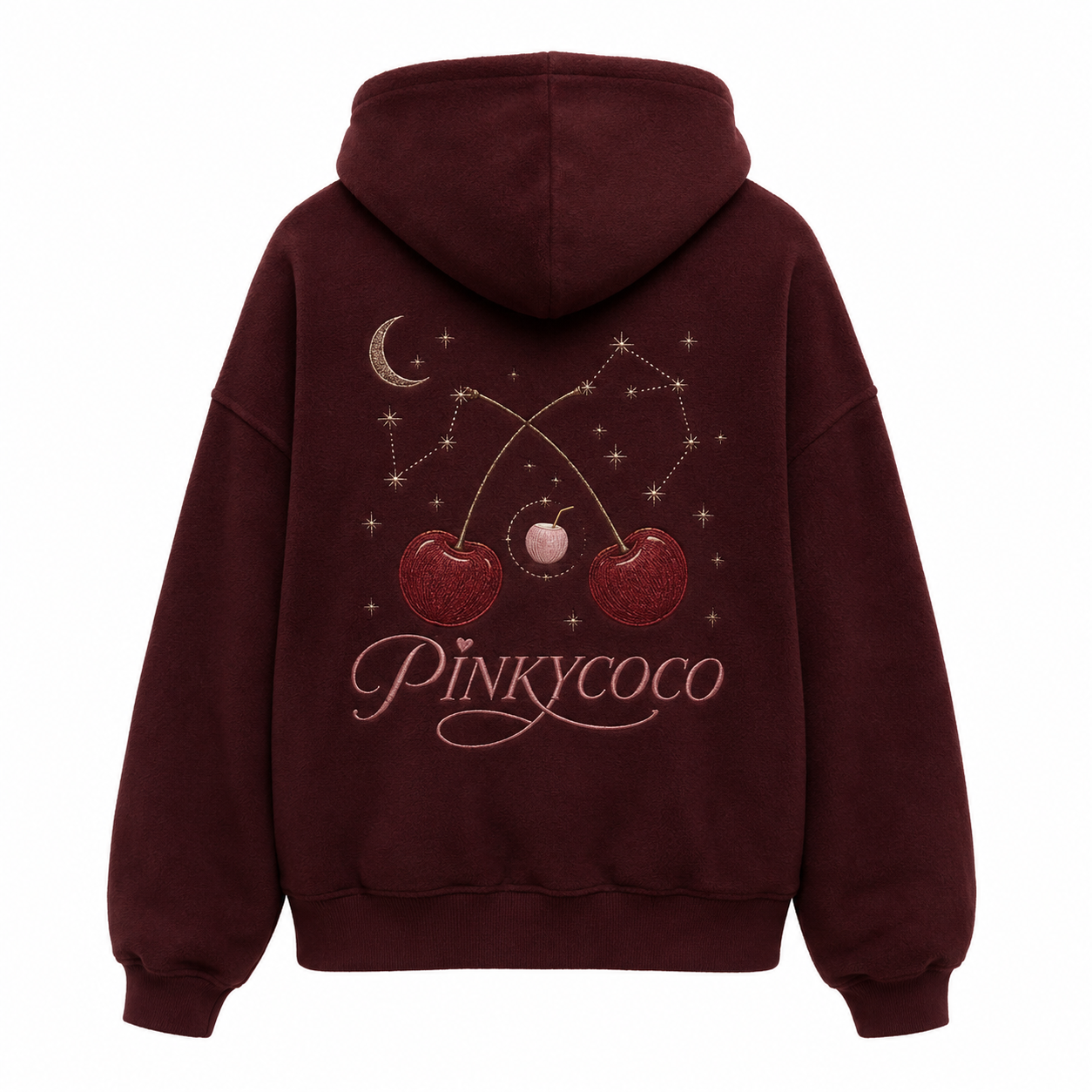 Front view of the PinkyCoco Maroon Cherry Constellation women's hoodie