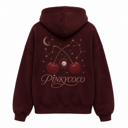 Front view of the PinkyCoco Maroon Cherry Constellation women's hoodie
