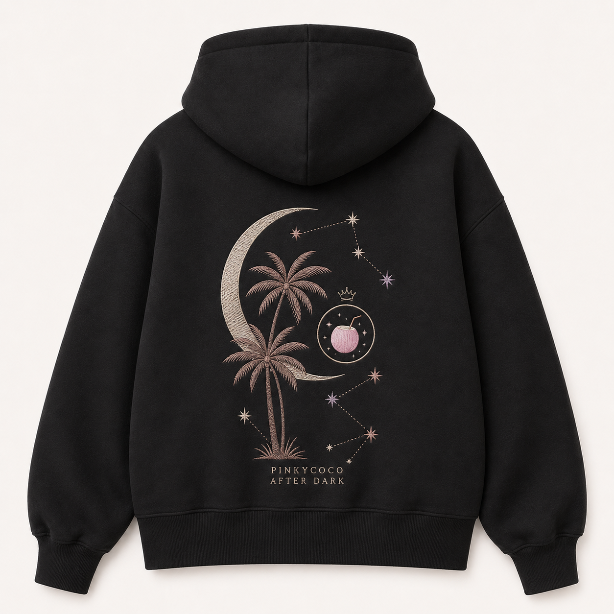 Front view of the PinkyCoco Midnight Palm Constellation women's hoodie
