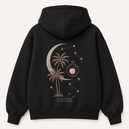 Front view of the PinkyCoco Midnight Palm Constellation women's hoodie