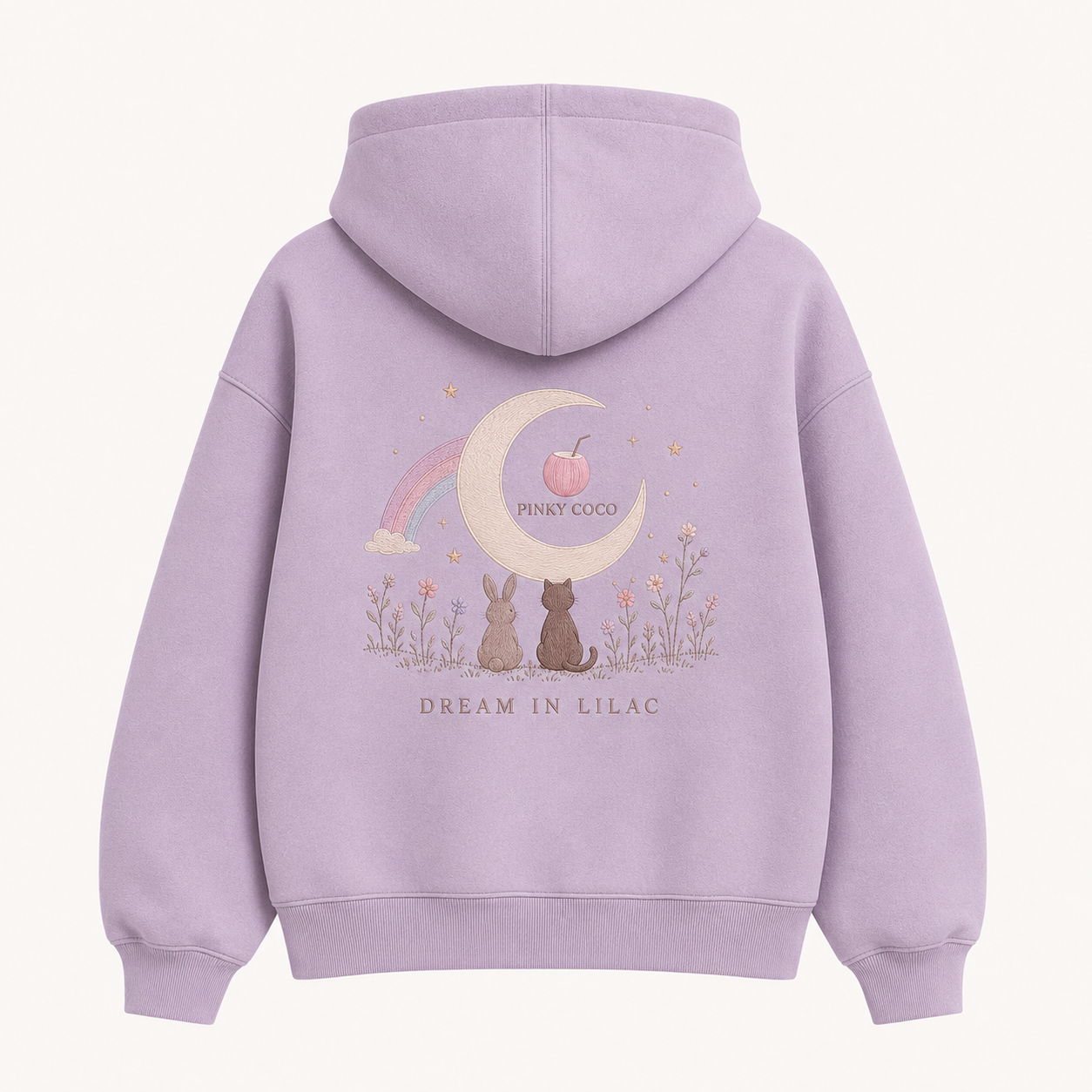 Front view of the PinkyCoco Moon Meadow Friends women's hoodie