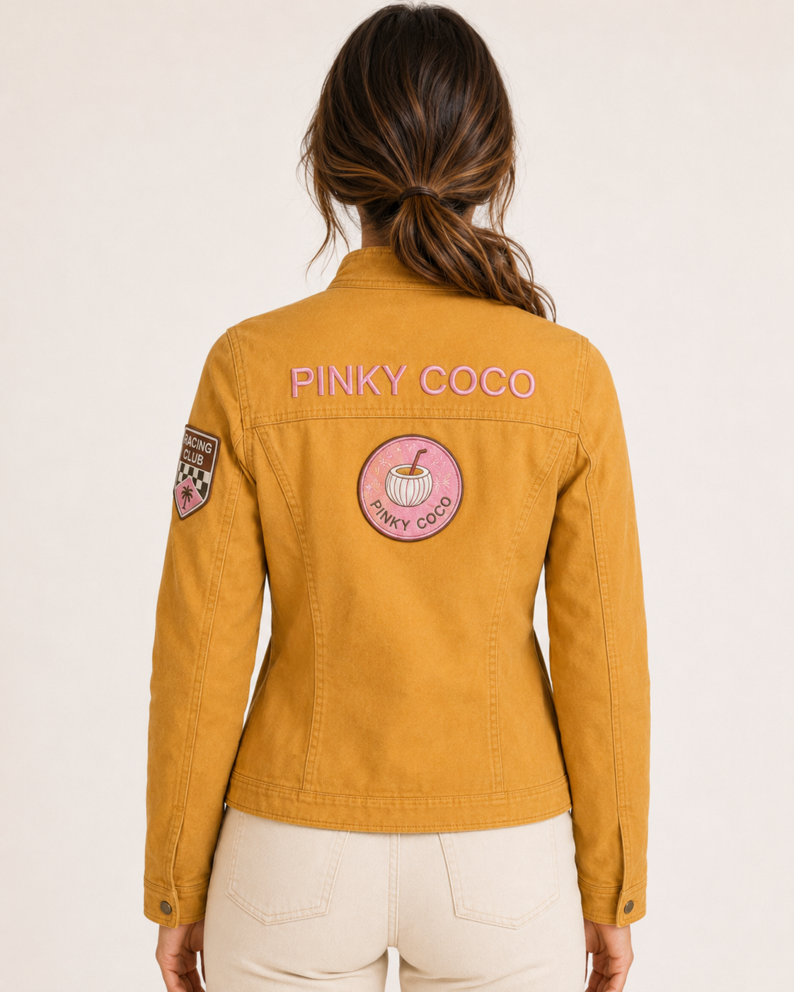 PinkyCoco Mustard Patch women's racing jacket, front view