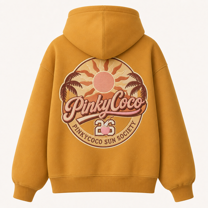 Front view of the PinkyCoco Mustard Retro Sun Society women's hoodie