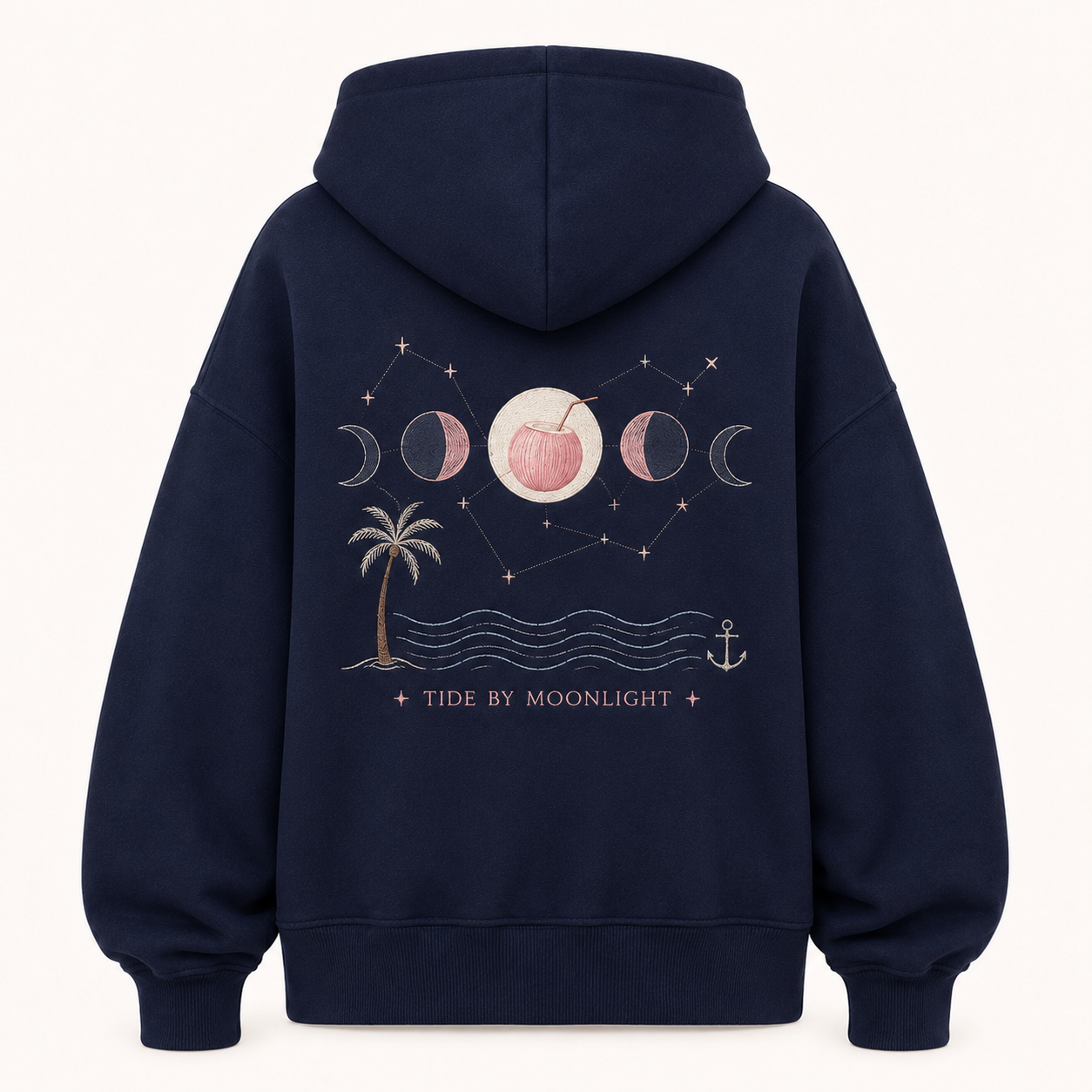 Front view of the PinkyCoco Navy Moon Tide Anchor women's hoodie