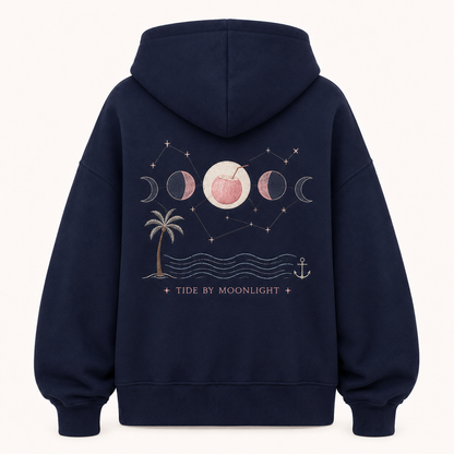 Front view of the PinkyCoco Navy Moon Tide Anchor women's hoodie