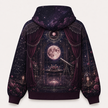 Front view of the PinkyCoco Observatory women's zip hoodie