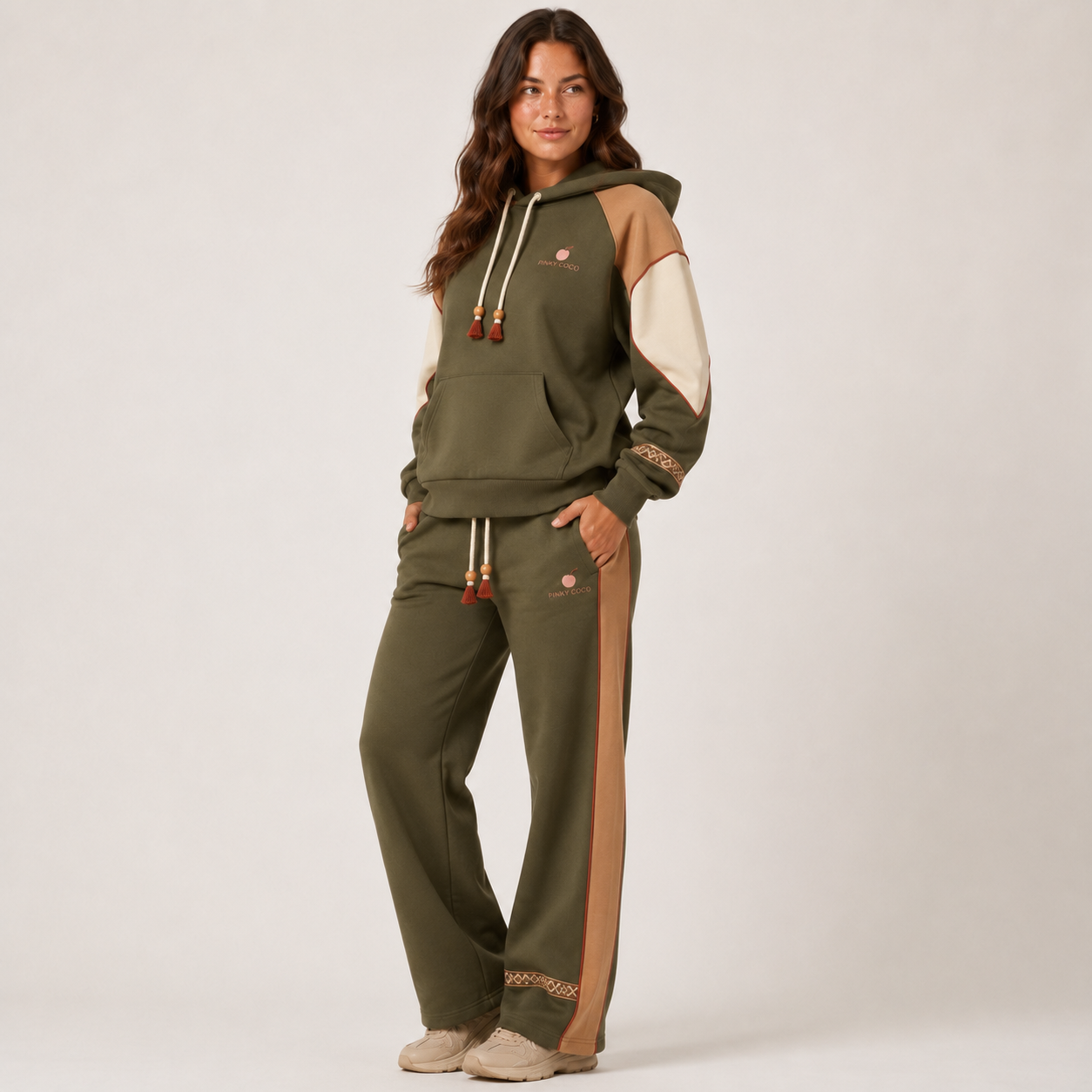 Front view of the PinkyCoco Olive Desert Trail women's fleece hoodie and sweatpants set